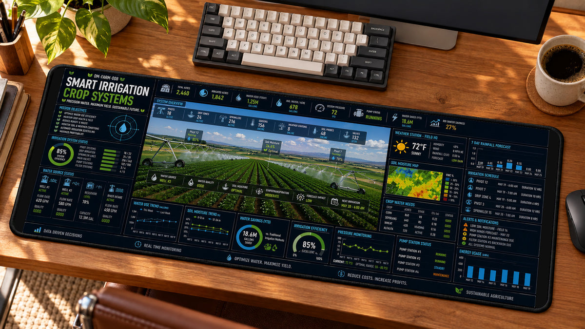 Smart Irrigation Crop Systems Desk Mat in use on a warm wood office desk — angled workspace view