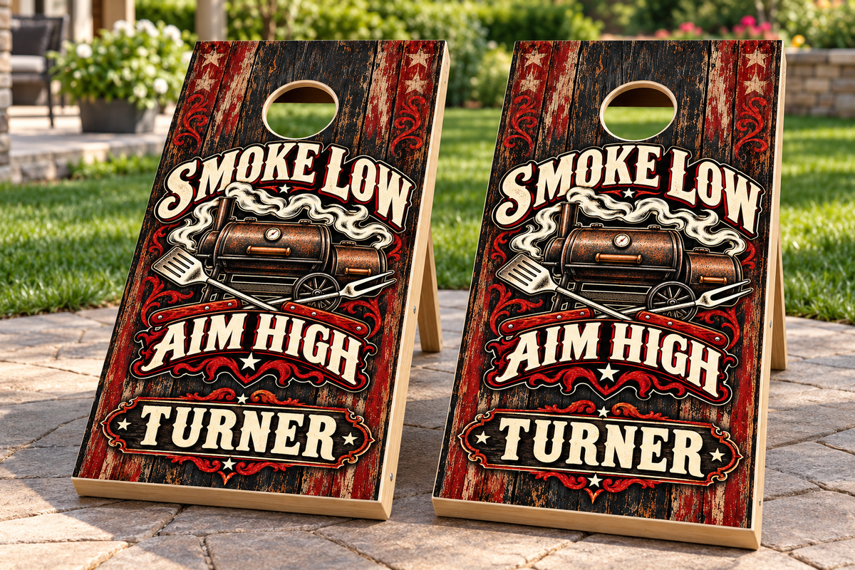 Smoke Low Aim High personalized cornhole wraps - mockup