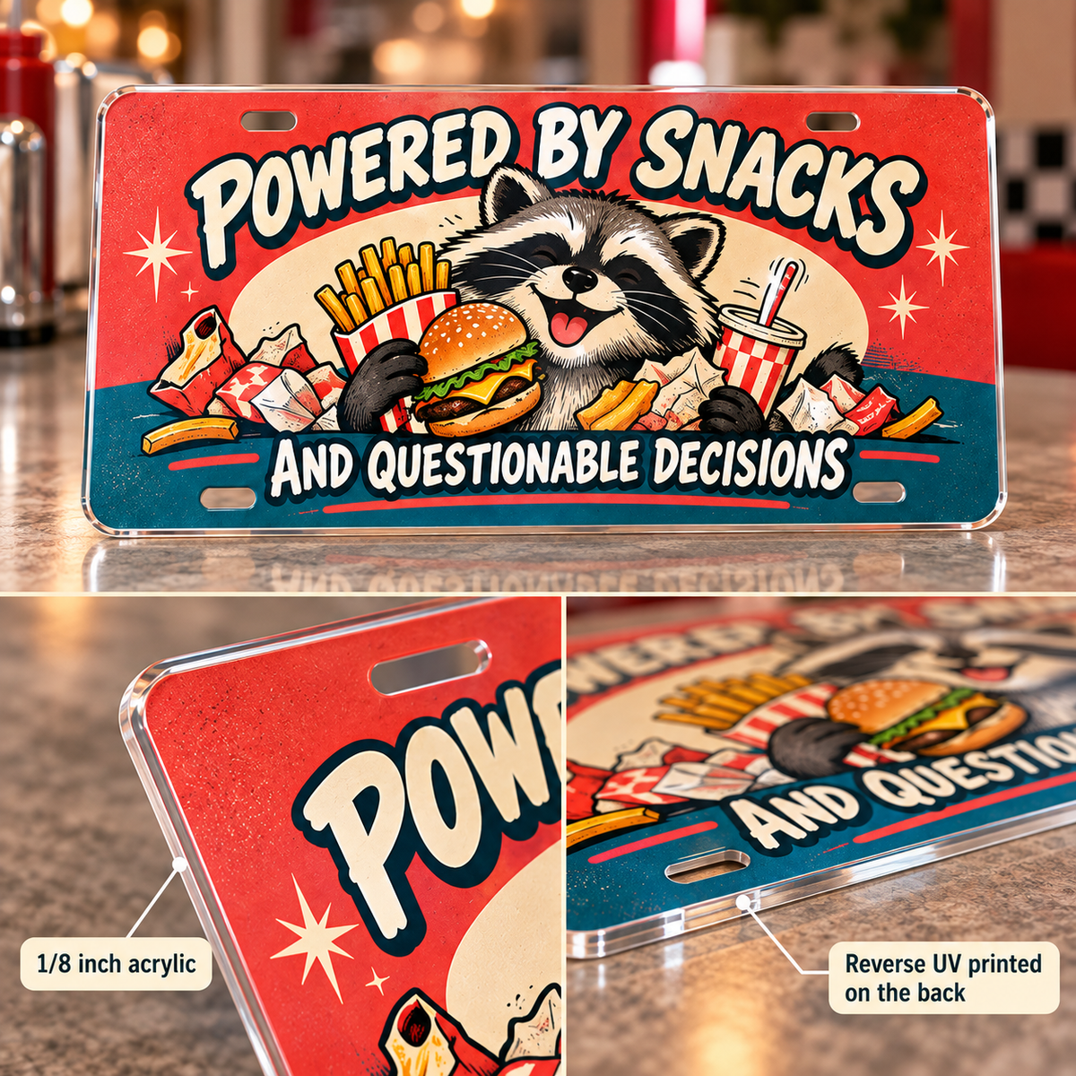 Snack Powered humorous license plate — acrylic edge and reverse UV printed graphic detail