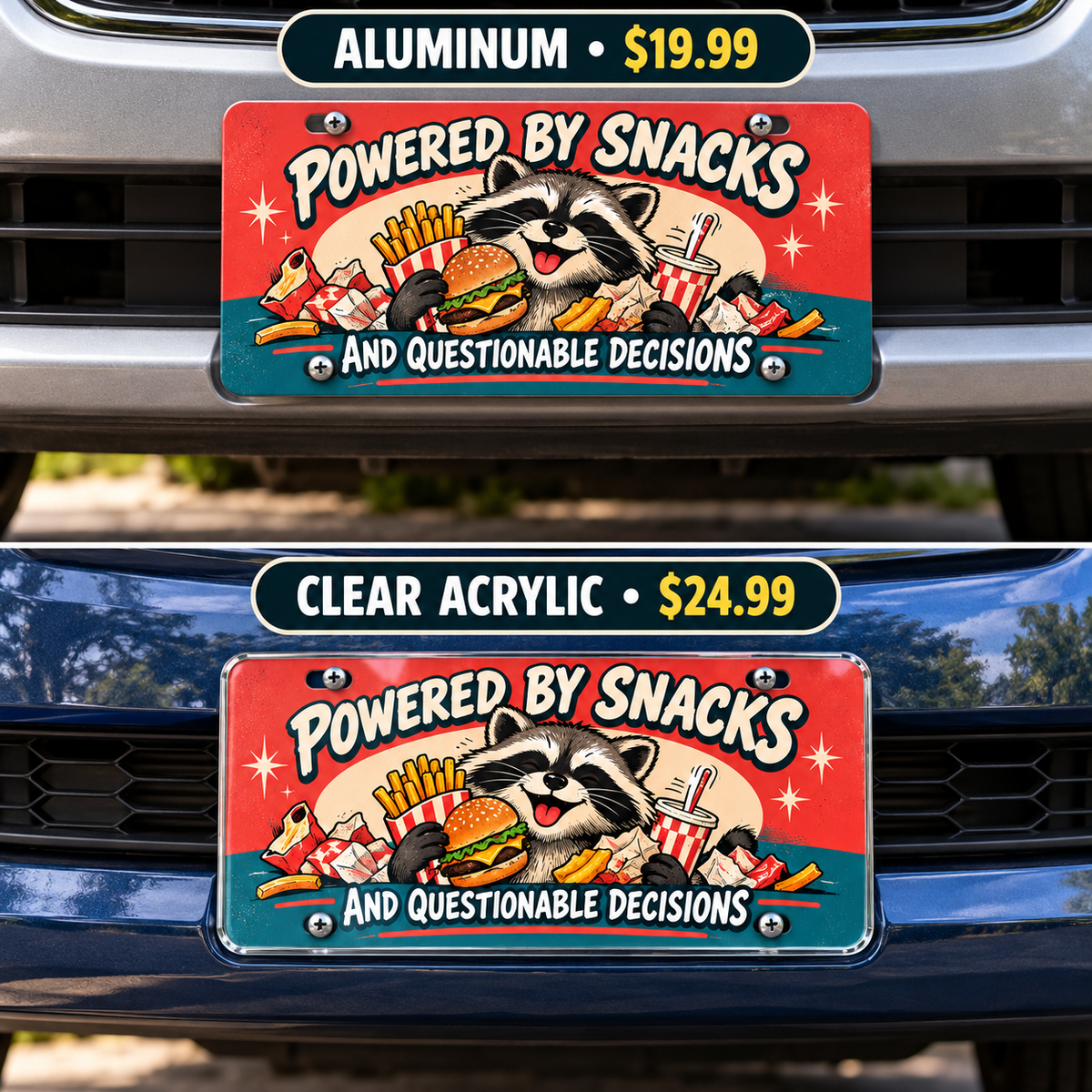 Snack Powered humorous license plate — aluminum and acrylic plates mounted on vehicles