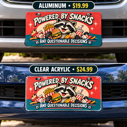 Snack Powered humorous license plate — aluminum and acrylic plates mounted on vehicles