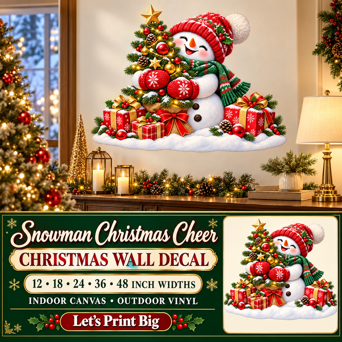 Snowman Christmas Cheer Christmas wall decal summary – 12 to 48 inch widths