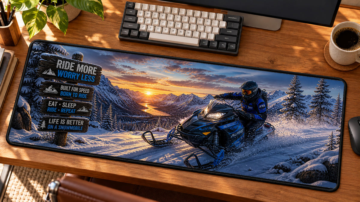 Snowmobile Alpine Rush Desk Mat in use on a warm wood office desk — angled workspace view