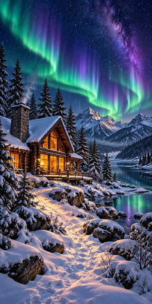 Snowy Cabin Northern Lights cornhole wrap hole-free artwork