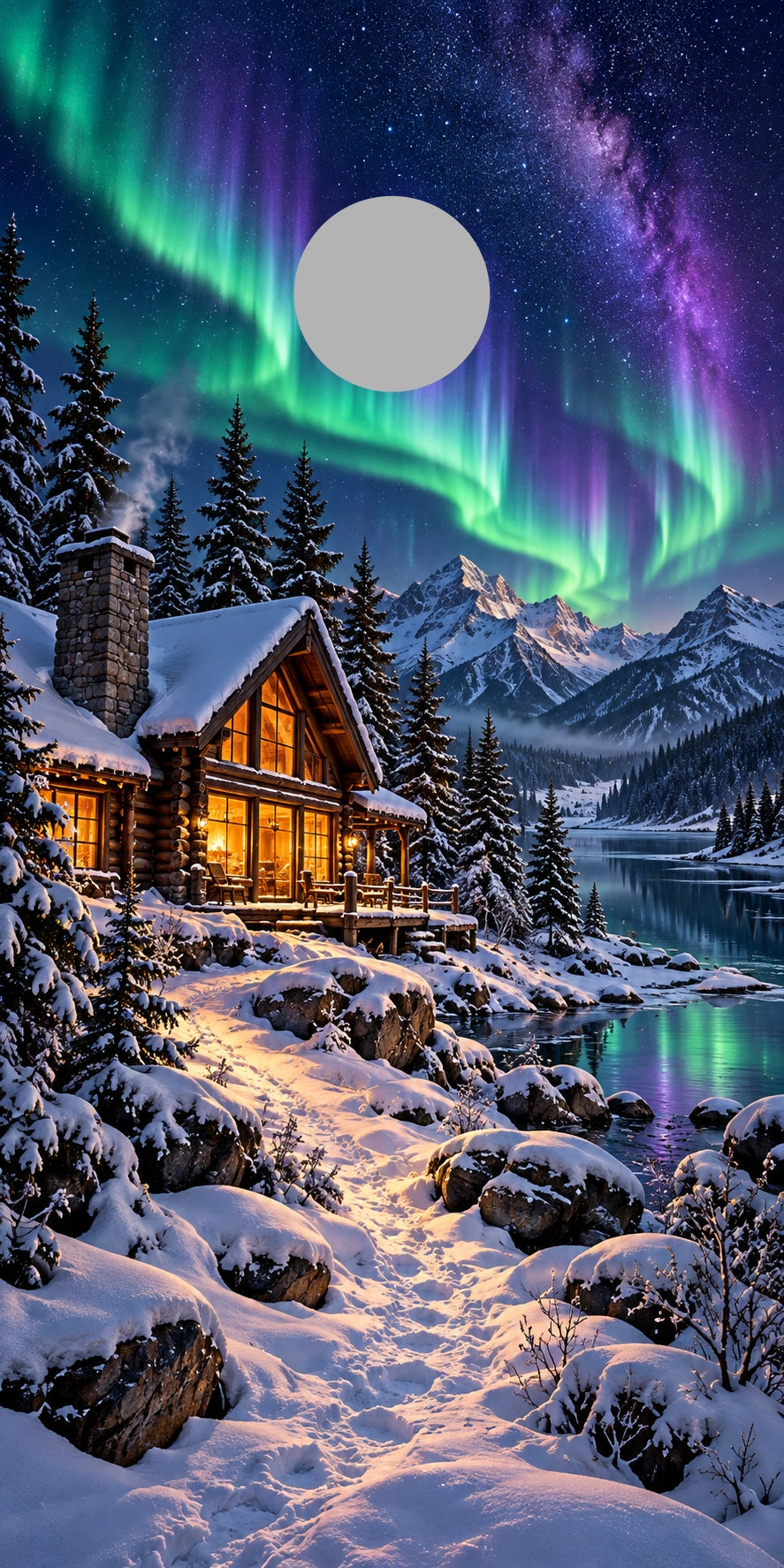 Snowy Cabin Northern Lights cornhole wrap proof showing hole position