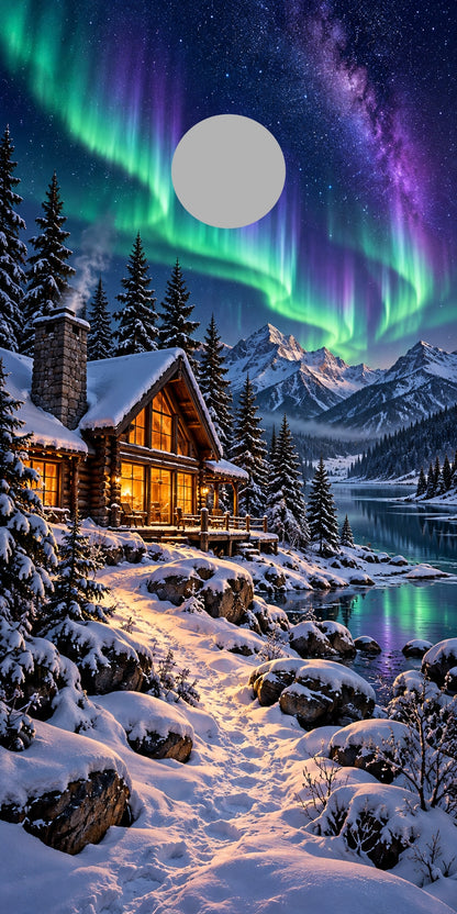 Snowy Cabin Northern Lights cornhole wrap proof showing hole position
