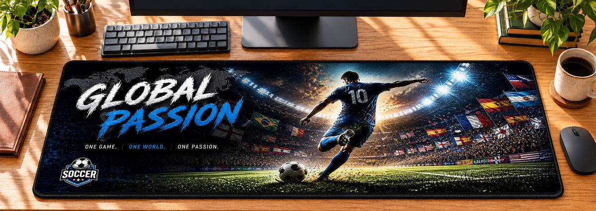 Soccer Stadium Global Passion Desk Mat in use on a warm wood office desk — overhead workspace view