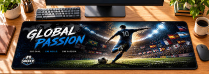 Soccer Stadium Global Passion Desk Mat in use on a warm wood office desk — overhead workspace view