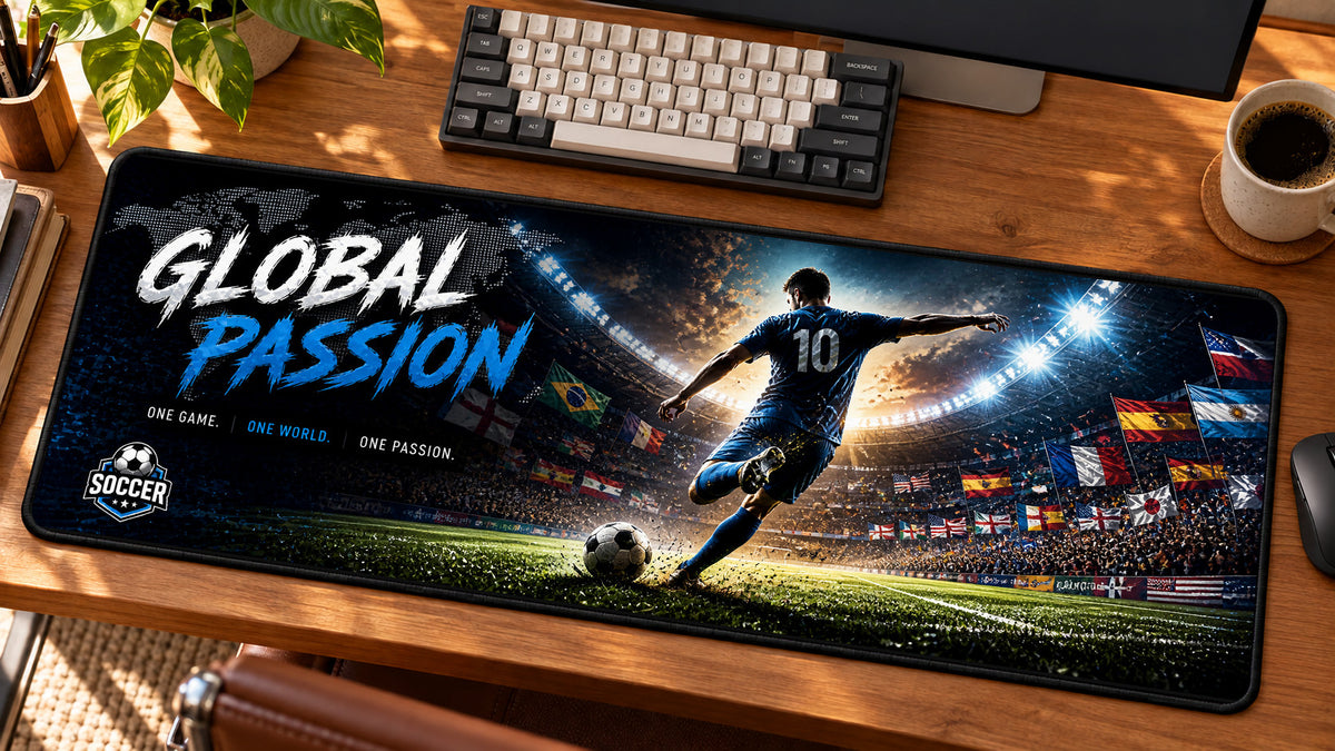 Soccer Stadium Global Passion Desk Mat in use on a warm wood office desk — angled workspace view