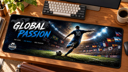 Soccer Stadium Global Passion Desk Mat in use on a warm wood office desk — angled workspace view