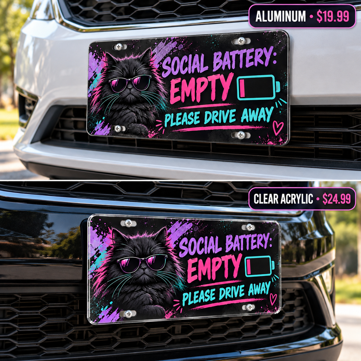 Social Battery Empty funny license plate — aluminum and acrylic plates mounted on vehicles