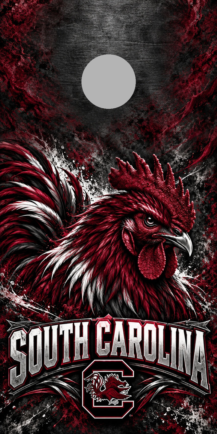 South Carolina Garnet Rooster cornhole wrap with plain gray hole placement preview