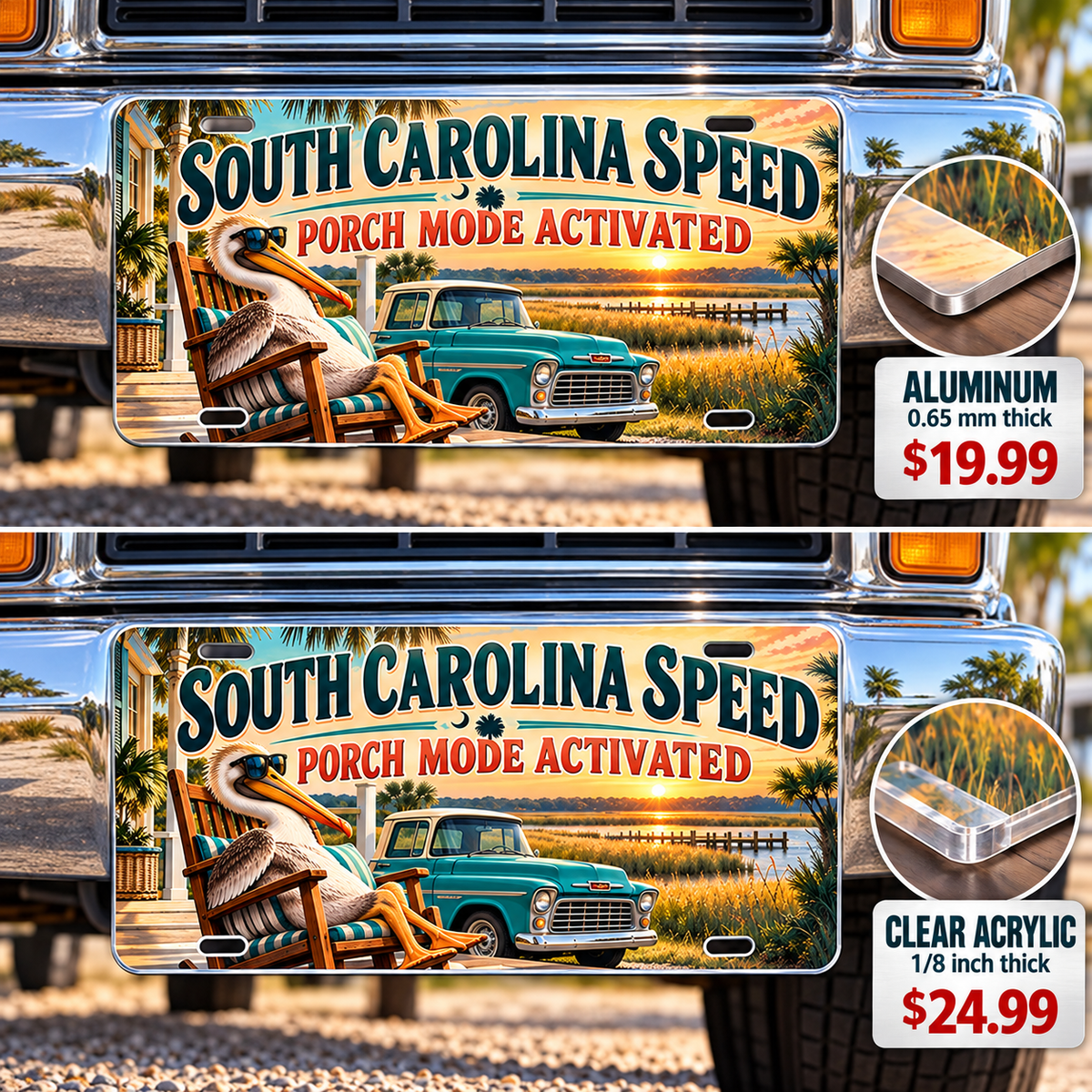 South Carolina Porch Mode funny license plate — aluminum and acrylic vehicle mockups