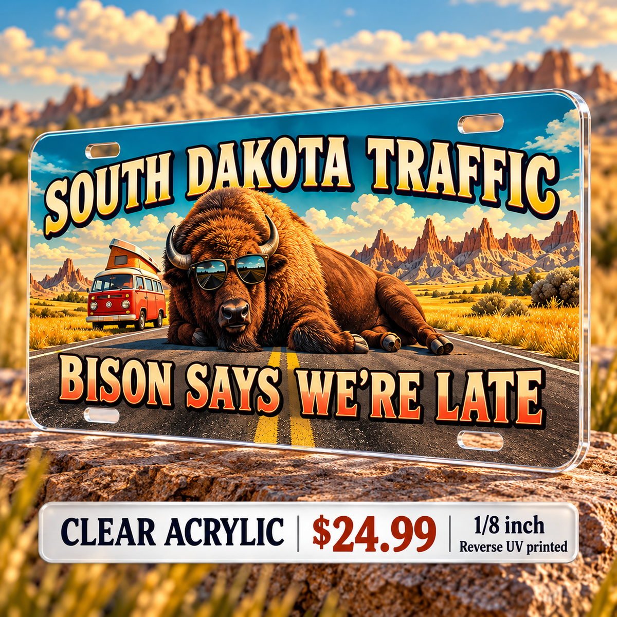 South Dakota Bison Delay funny license plate — ⅛-inch reverse UV printed acrylic with opaque artwork