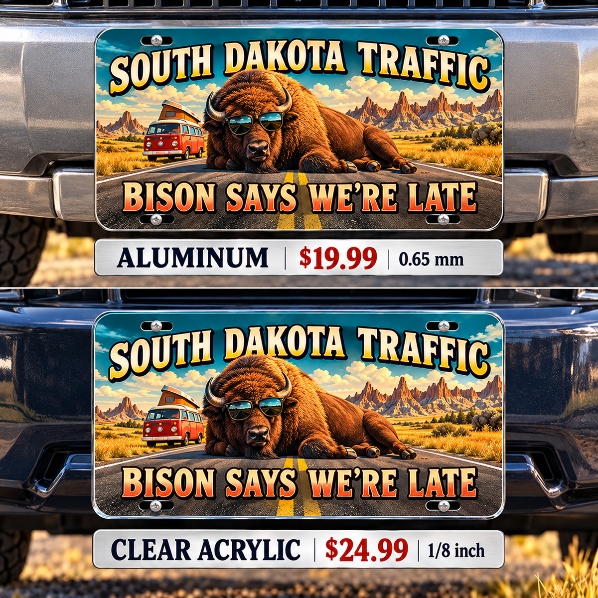 South Dakota Bison Delay funny license plate — aluminum and acrylic vehicle mockups