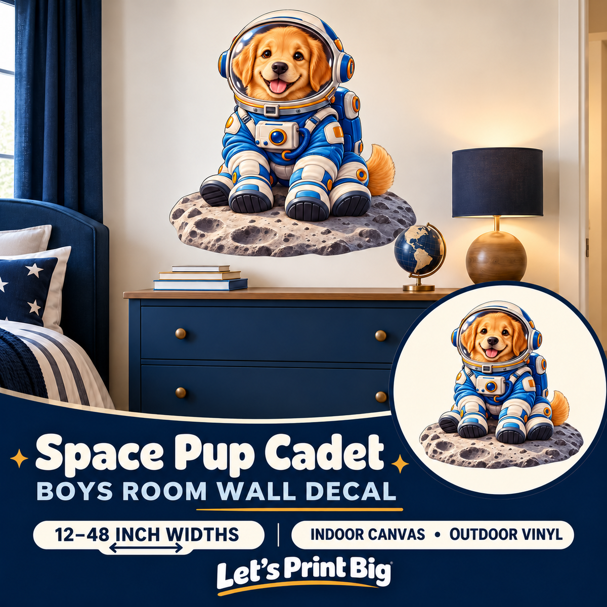 Space Pup Cadet – Boys Room Wall Decal summary and bedroom mockup – 12 to 48 inch widths
