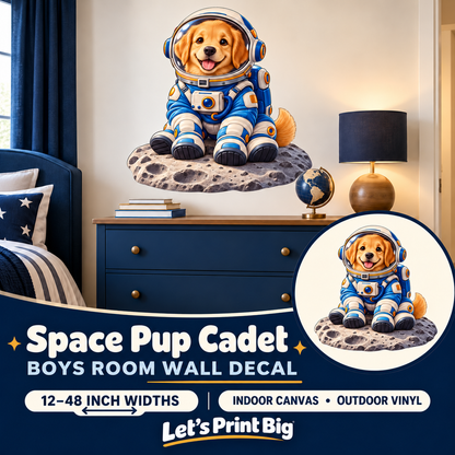 Space Pup Cadet – Boys Room Wall Decal summary and bedroom mockup – 12 to 48 inch widths