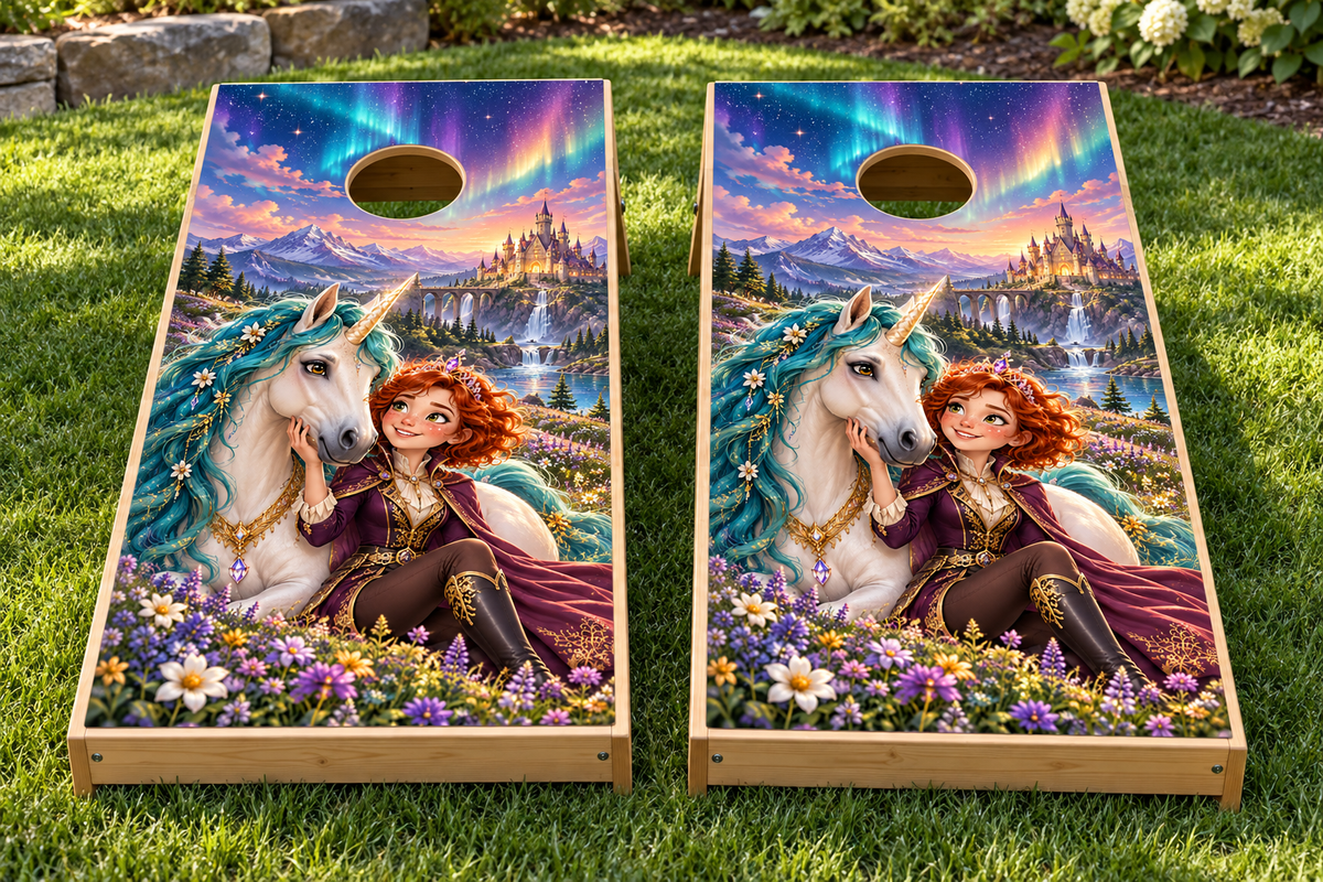 starlight princess unicorn cornhole wrap installed-board mockup; boards not included