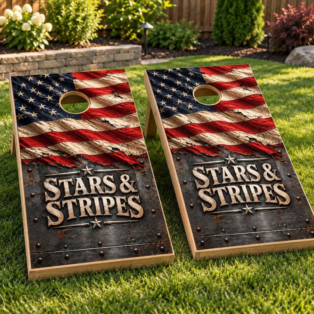 Stars and Stripes Steel Cornhole Board Wraps installed on two boards; boards not included