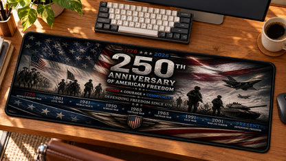 Stars & Stripes Battlefield Honor Desk Mat in use on a warm wood office desk — angled workspace view