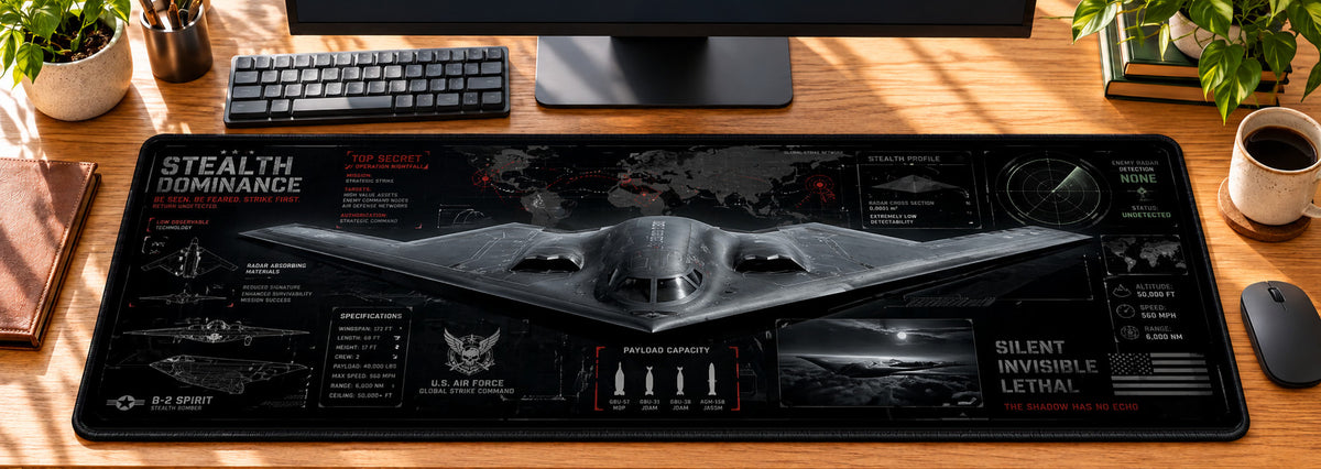 Stealth Bomber Strategic Strike Desk Mat in use on a warm wood office desk — overhead workspace view