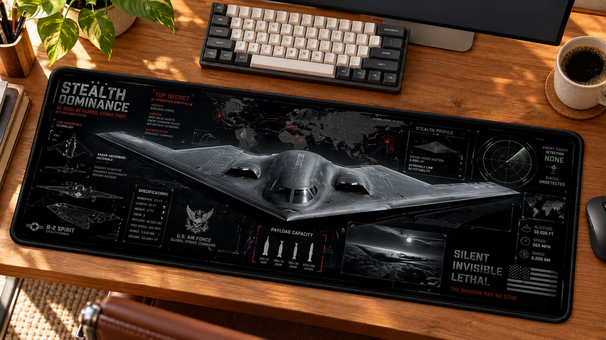Stealth Bomber Strategic Strike Desk Mat in use on a warm wood office desk — angled workspace view