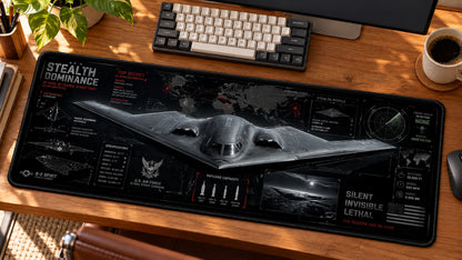 Stealth Bomber Strategic Strike Desk Mat in use on a warm wood office desk — angled workspace view