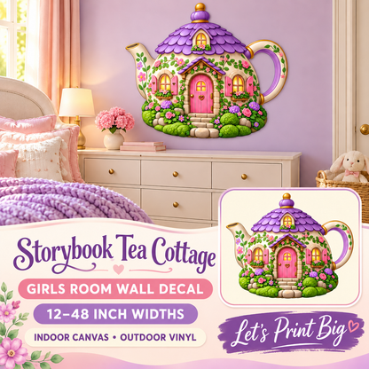 Storybook Tea Cottage – Girls Room Wall Decal summary and bedroom mockup – 12 to 48 inch widths