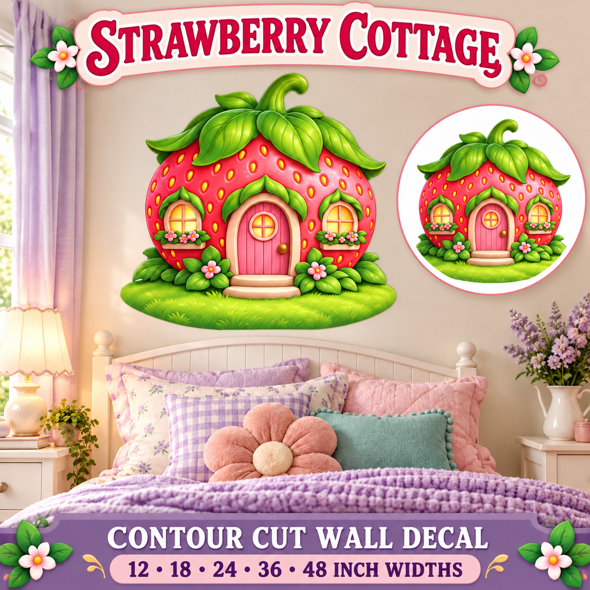 Strawberry Cottage – Girls Room Wall Decal summary and bedroom mockup – 12 to 48 inch widths