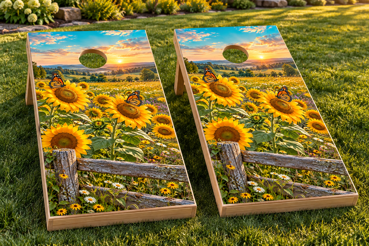 Sunflower Butterfly Meadow wraps installed on two cornhole boards; illustrative mockup, boards not included