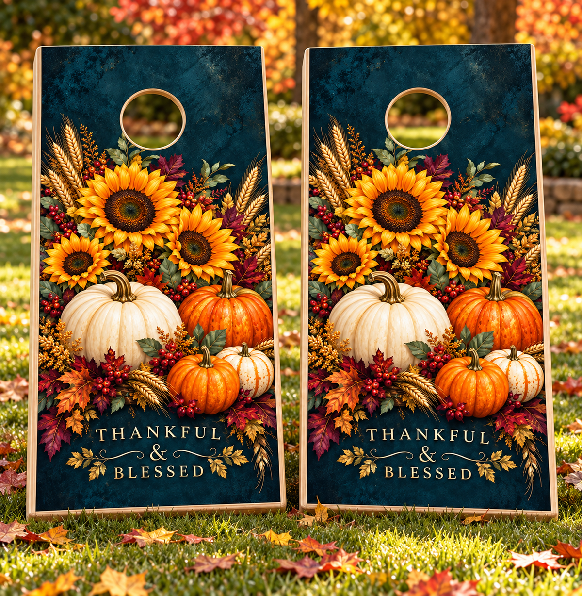 Thankful and Blessed Sunflower Harvest Cornhole Board Wraps on matching pair of cornhole boards