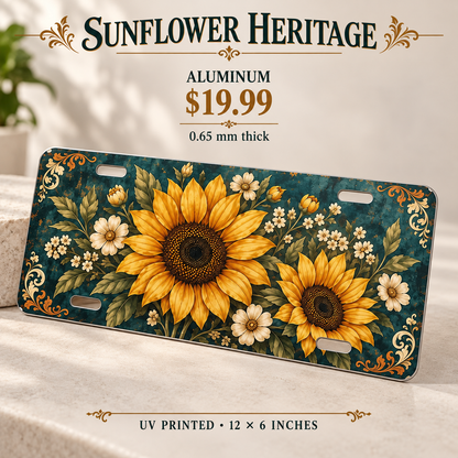 Sunflower Heritage vintage sunflower license plate — 0.65 mm aluminum, $19.99