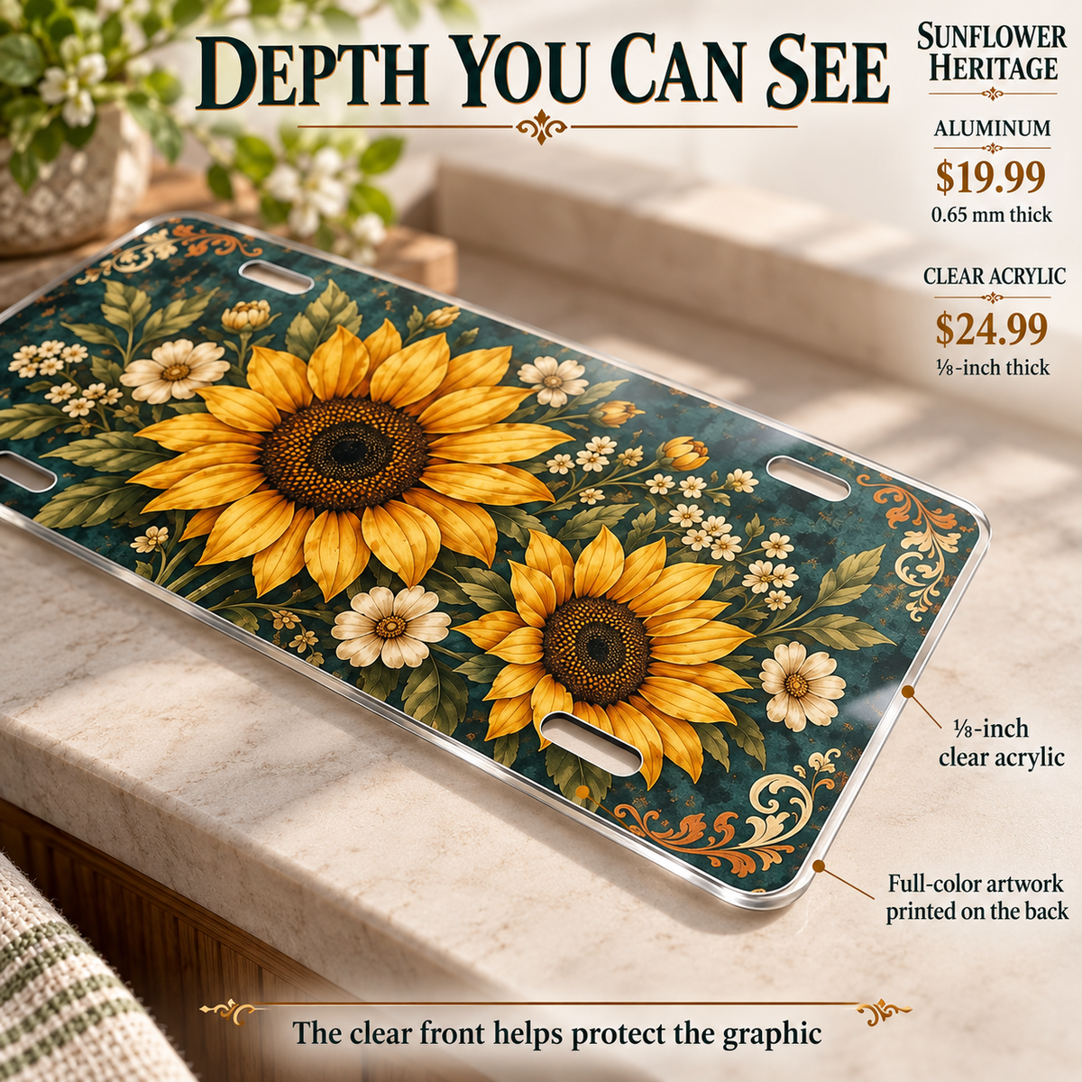 Sunflower Heritage vintage sunflower license plate — one-eighth-inch acrylic edge and reverse UV printing detail