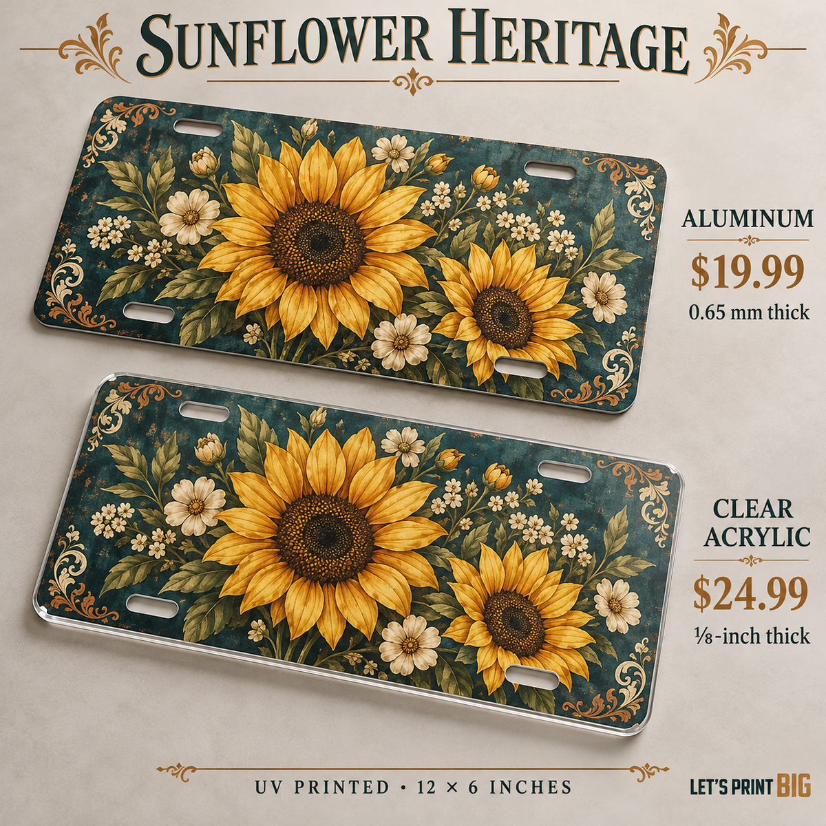 Sunflower Heritage vintage sunflower license plate: 0.65 mm aluminum $19.99 and one-eighth-inch acrylic $24.99