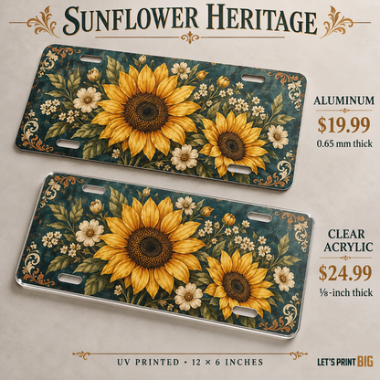 Sunflower Heritage vintage sunflower license plate: 0.65 mm aluminum $19.99 and one-eighth-inch acrylic $24.99