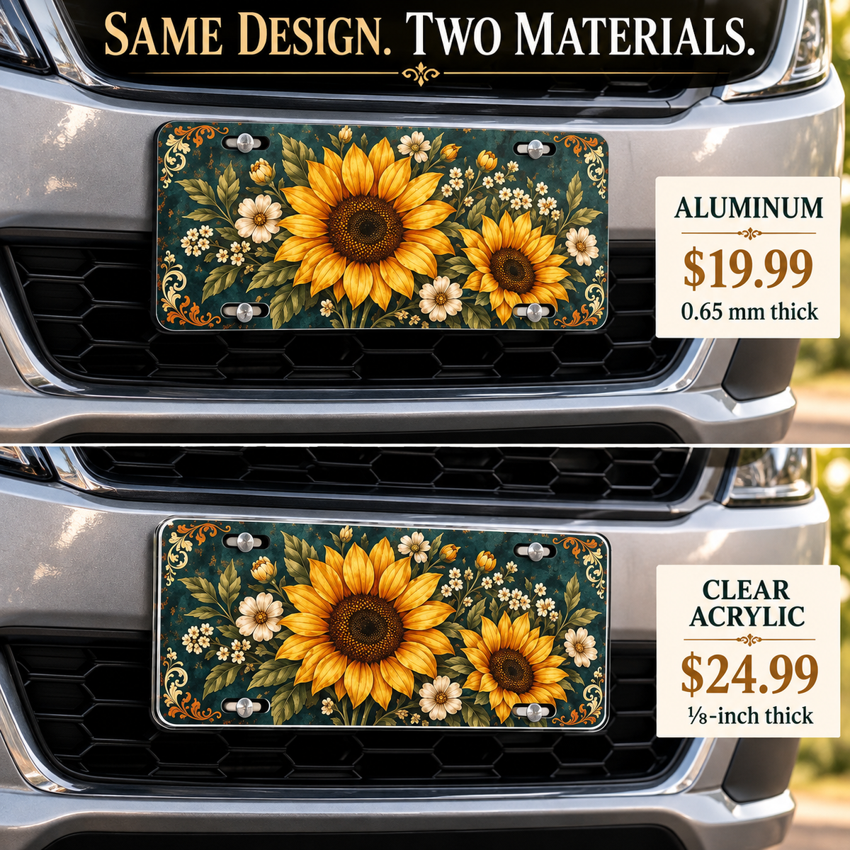 Sunflower Heritage vintage sunflower license plate — vehicle-mounted aluminum and acrylic comparison