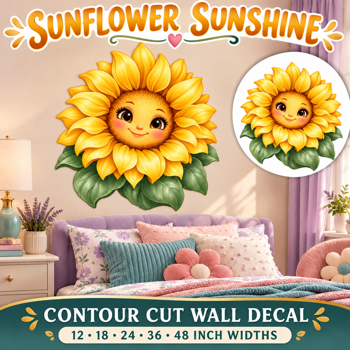 Sunflower Sunshine – Girls Room Wall Decal summary and bedroom mockup – 12 to 48 inch widths