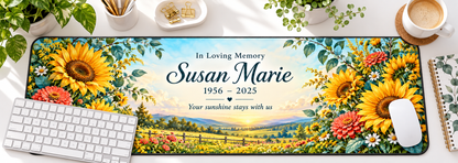 Sunflower Sunshine Remembrance memorial desk mat — overhead workspace mockup