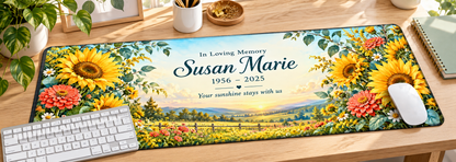 Sunflower Sunshine Remembrance memorial desk mat — angled workspace mockup