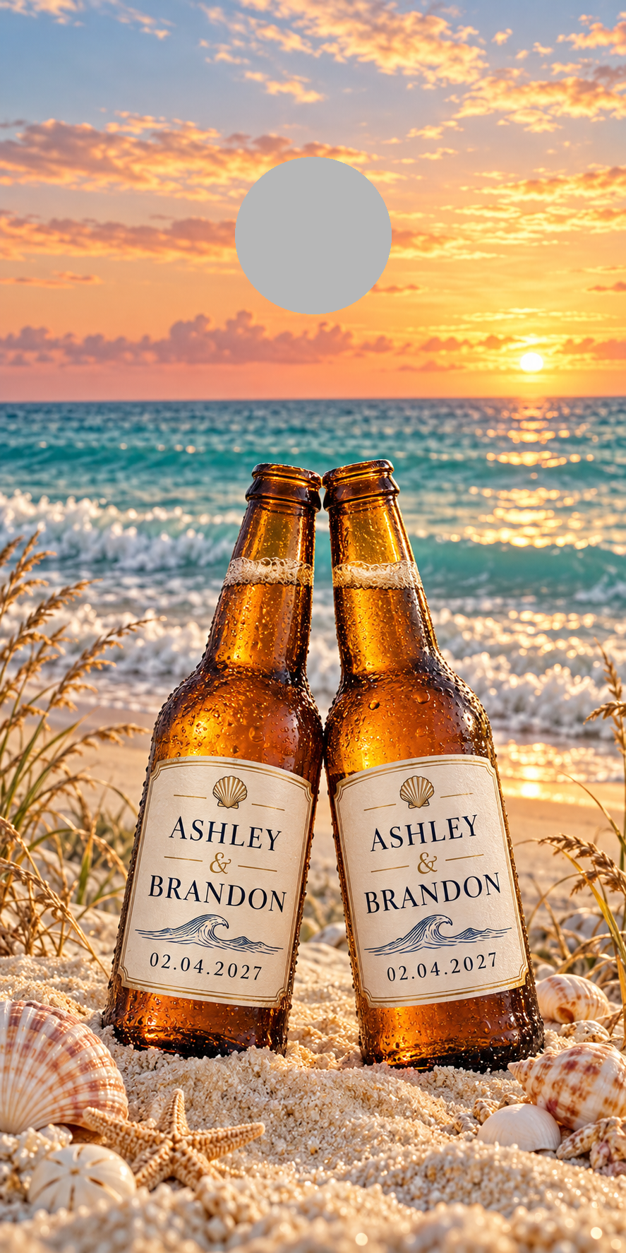 Personalized sunset beach beer bottle cornhole wrap with 6-inch hole-location marker; gray circle is not printed