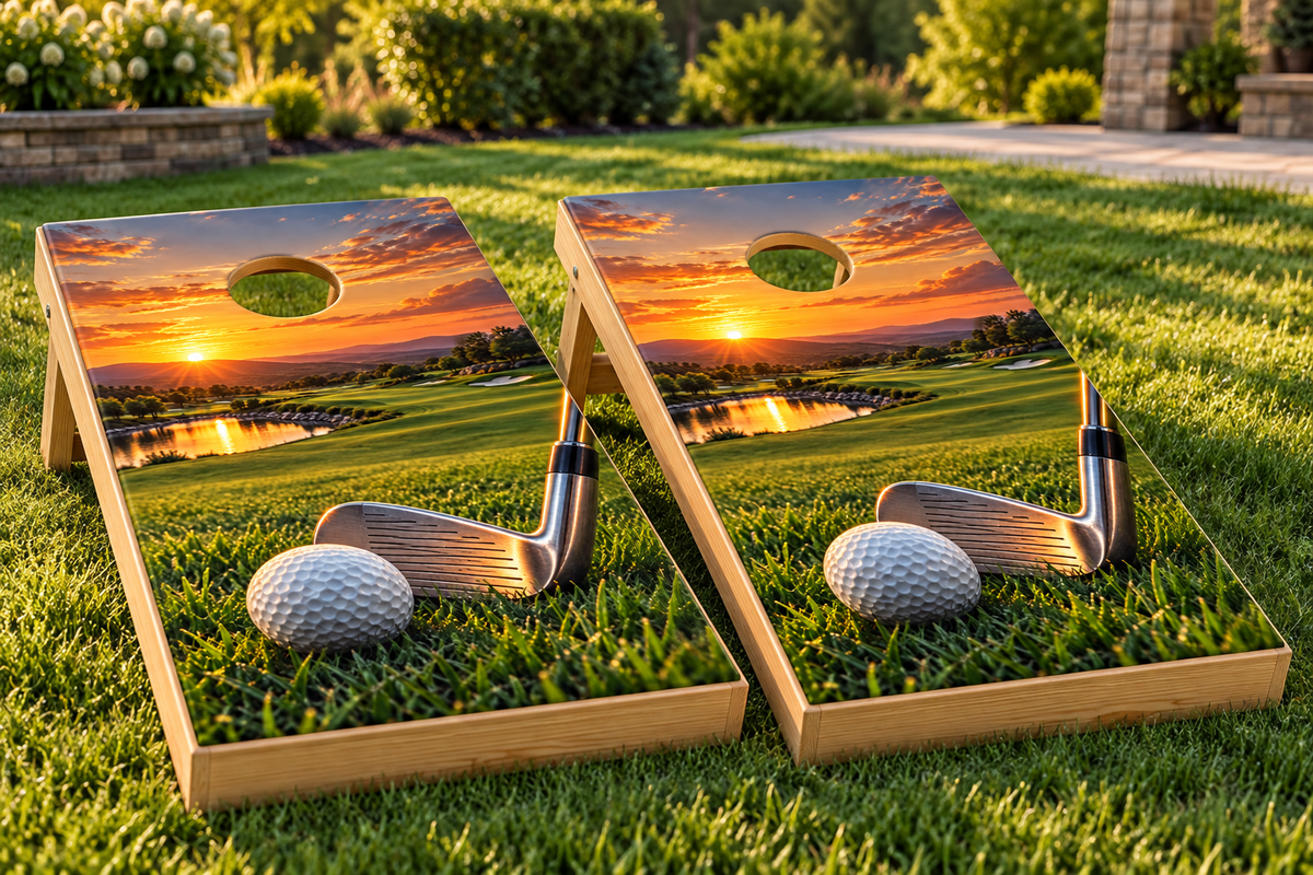 Sunset Fairway Golf installed cornhole board mockup; boards not included