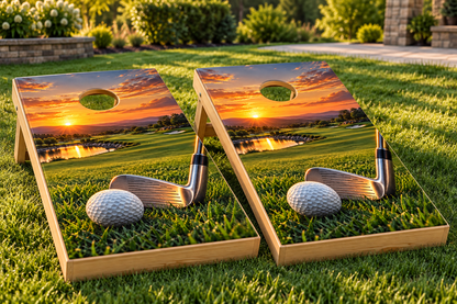Sunset Fairway Golf installed cornhole board mockup; boards not included