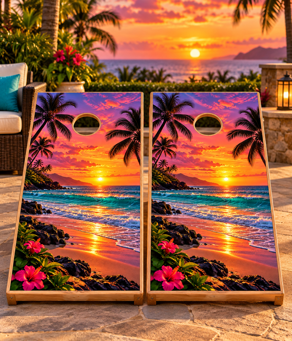 Sunset Palm Paradise wraps shown on two matching boards; boards not included
