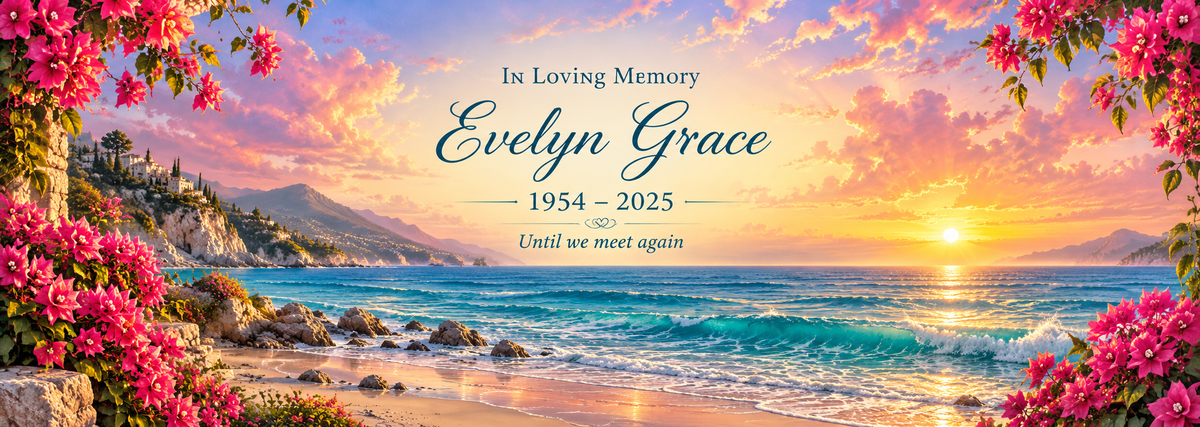 Sunset Shore of Memories personalized memorial desk mat — sample name and dates