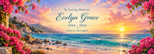 Sunset Shore of Memories personalized memorial desk mat — sample name and dates