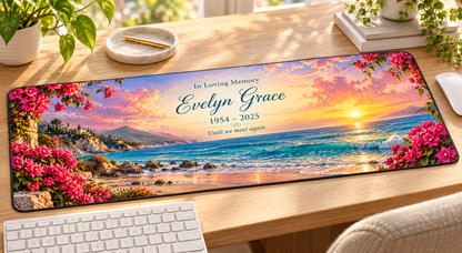 Sunset Shore of Memories personalized memorial desk mat — angled workspace mockup