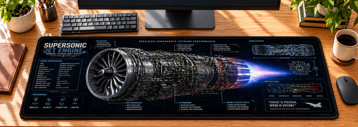 Supersonic Jet Engine Desk Mat in use on a warm wood office desk — overhead workspace view