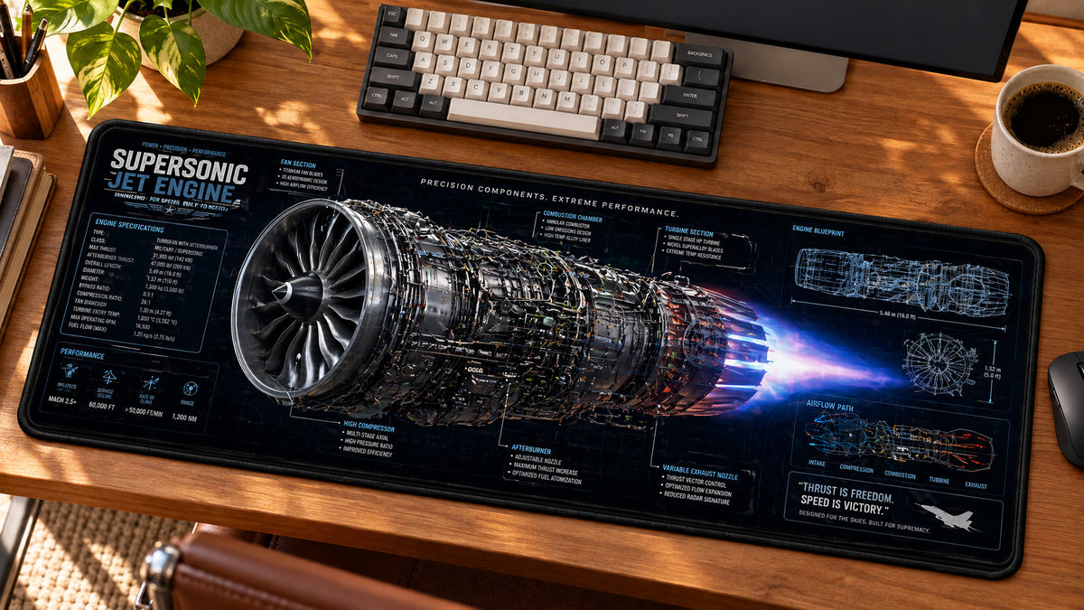 Supersonic Jet Engine Desk Mat in use on a warm wood office desk — angled workspace view