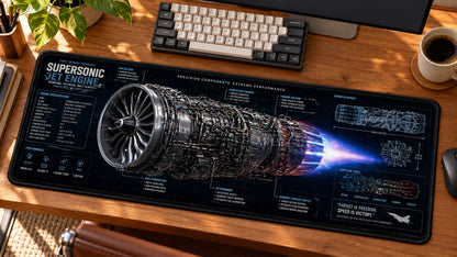 Supersonic Jet Engine Desk Mat in use on a warm wood office desk — angled workspace view