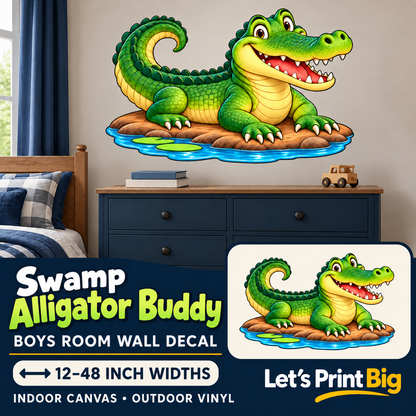 Swamp Alligator Buddy – Boys Room Wall Decal summary and bedroom mockup – 12 to 48 inch widths